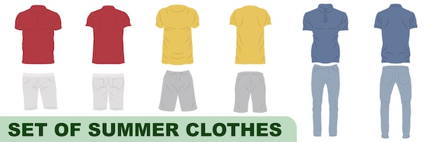 Vector ilustración vectorial de ropa casual de verano camisas y pantalones cortos ligeros visión delantera visión trasera