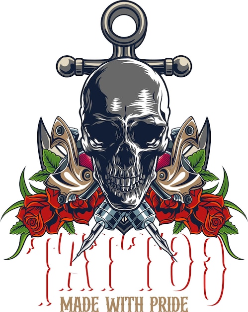 Vector ilustración vectorial de rosas herramientas de tatuaje de anclaje y cráneo con estilo de dibujo a mano vintage