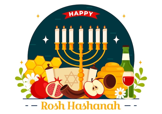 Ilustración vectorial de Rosh Hashanah feliz de las vacaciones de Año Nuevo judío con manzana granada miel y abeja en fondo de dibujos animados de estilo plano