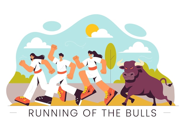 Ilustración vectorial de Running of the Bulls con una competencia de corridas de toros y toros persiguiendo en una arena con un fondo de dibujos animados de estilo plano