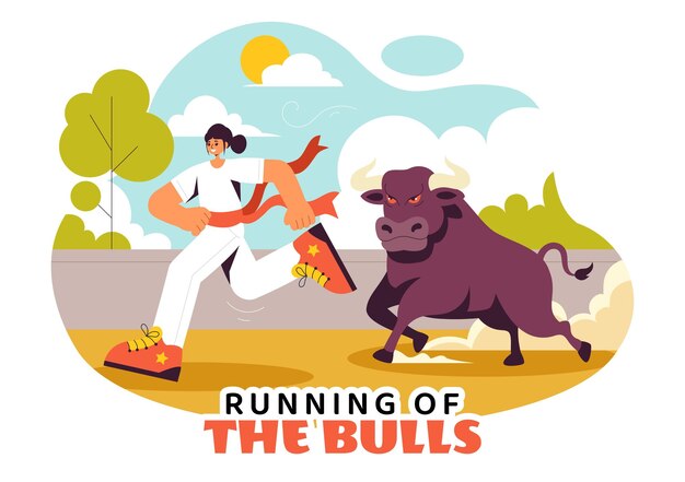 Ilustración vectorial de Running of the Bulls con una competencia de corridas de toros y toros persiguiendo en una arena con un fondo de dibujos animados de estilo plano
