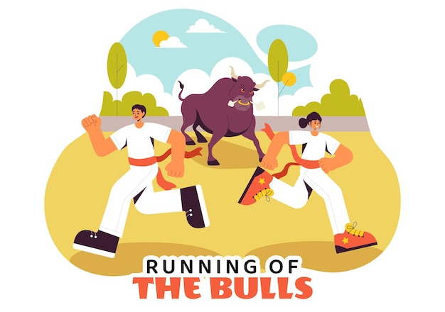 Ilustración vectorial de Running of the Bulls con una competencia de corridas de toros y toros persiguiendo en una arena con un fondo de dibujos animados de estilo plano