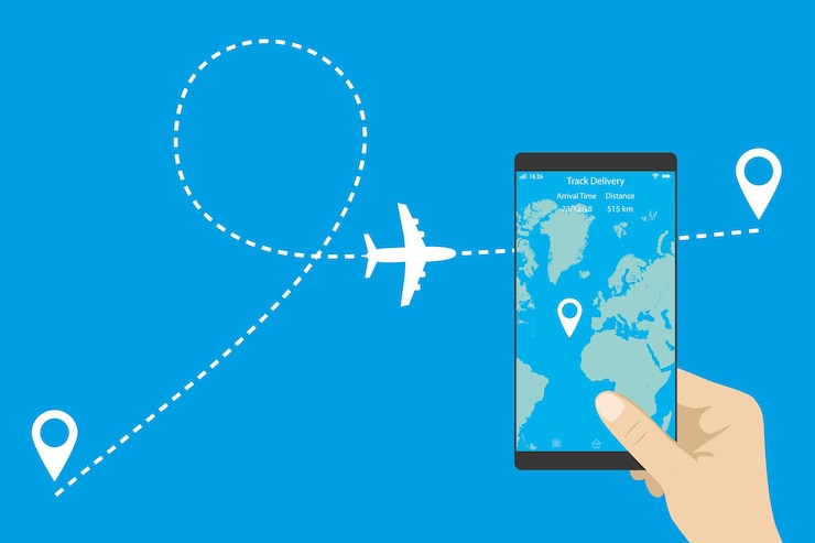 Vector ilustración vectorial de ruta de avión con línea punteada y forma de carretera rápida