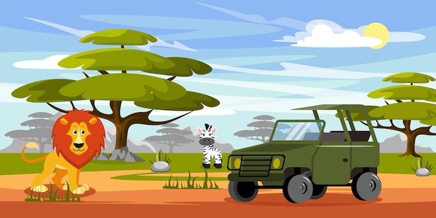 Ilustración vectorial de un safari africano caliente Paisaje de montañas de dibujos animados con árboles de cebra izquierdo SUV envueltos en un cielo translúcido