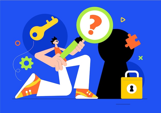 Ilustración vectorial de sala de escape con personas resolviendo rompecabezas buscando llaves escapando de trampas y encontrando soluciones a preguntas desafiantes