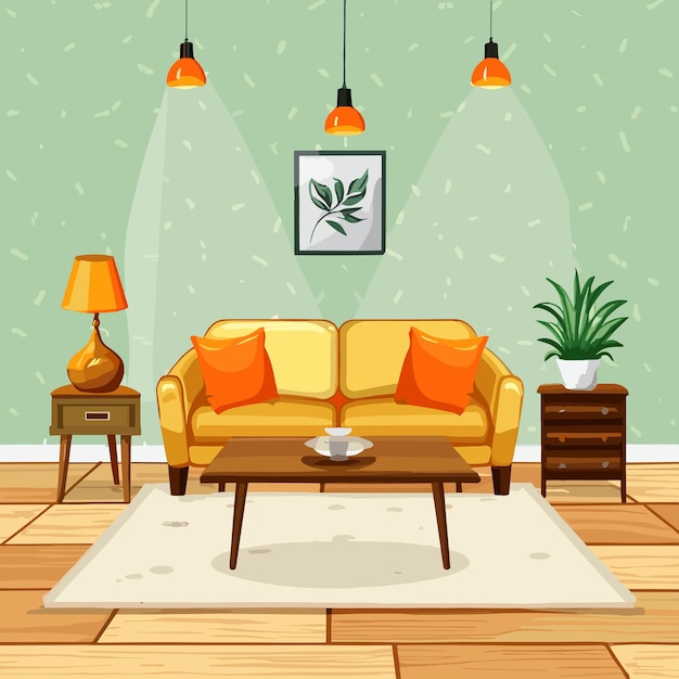 Vector ilustración vectorial de la sala de estar mesa de sofá acogedora en alfombra olla de flores y decoración de pared en estilo plano