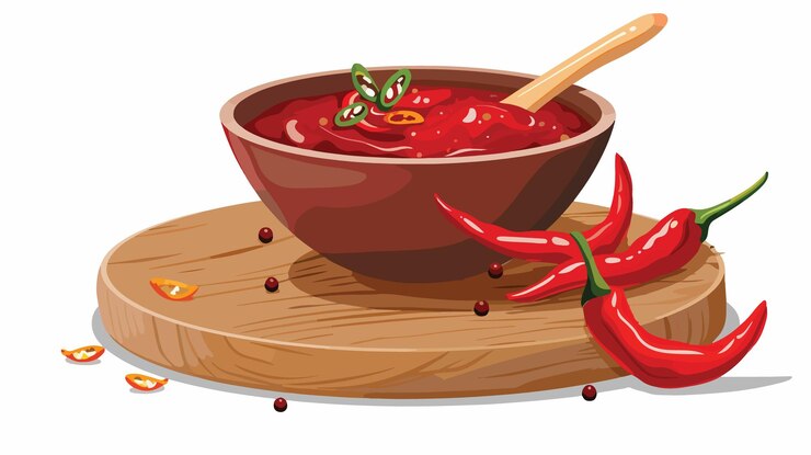 Vector ilustración vectorial de salsa de chile picante en un cuenco en una mesa de madera