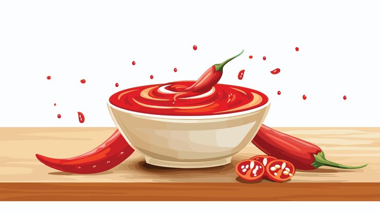 Vector ilustración vectorial de salsa de chile picante en un cuenco en una mesa de madera