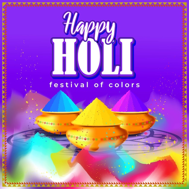 Ilustración vectorial del saludo happy holi, texto escrito en hindi significa que es holi, festival de los colores, elementos festivos con coloridos antecedentes festivos hindúes