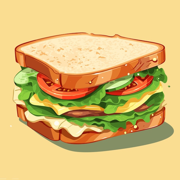 Ilustración vectorial de sándwich apetitoso con carne de queso y verduras