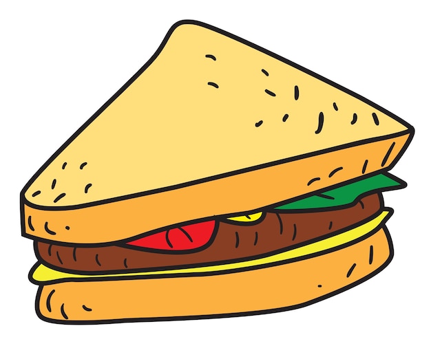 Ilustración vectorial de un sándwich cortado en estilo doodle con contornos en blanco y negro