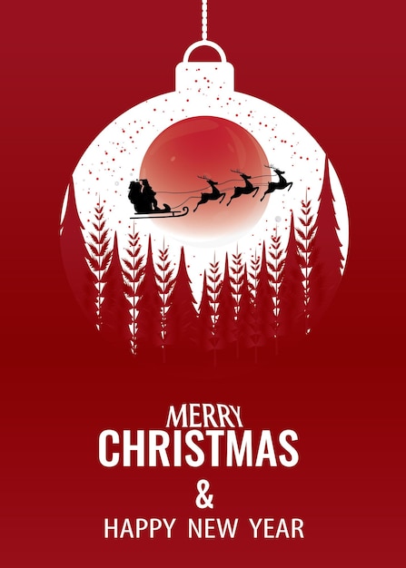 Ilustración vectorial de Santa Claus y renos volando en el cielo nocturno rojo a la luz de la luna