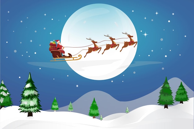 Ilustración vectorial de Santa Claus y renos volando por la luna