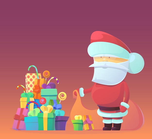 Ilustración vectorial de santa claus con saco lleno de regalos, eps 10