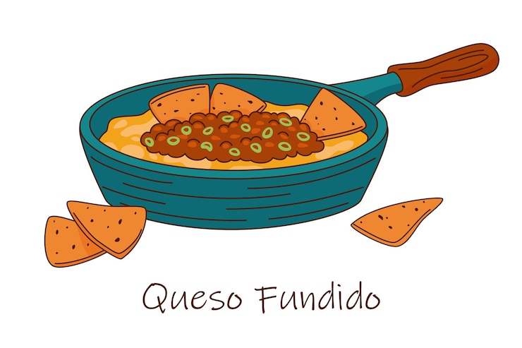 Vector una ilustración vectorial de una sartén con un mango de madera lleno de queso fundido con nachos