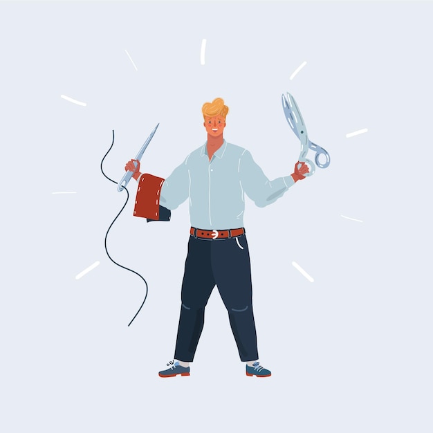 Ilustración vectorial de un sastre sosteniendo el hilo con una aguja
