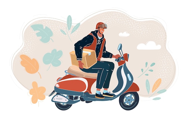 Vector ilustración vectorial de un scooter de mensajería hombre con casco montando un ciclomotor clásico con caja