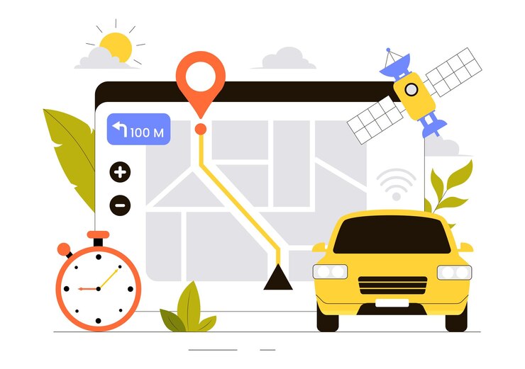 Vector ilustración vectorial de seguimiento de vehículos con trabajadores cargando productos logística inteligente en camiones y gestión de entregas utilizando un teléfono inteligente