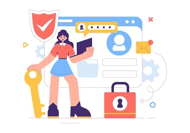 Ilustración vectorial de seguridad cibernética de las medidas de seguridad de protección de datos y los sistemas seguros para redes, Internet y servidores de respaldo en segundo plano