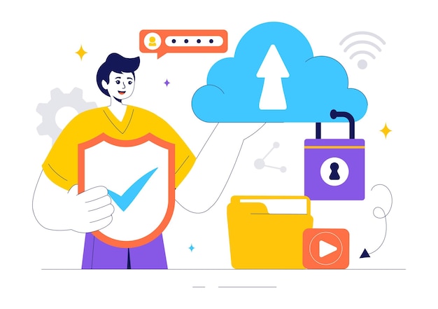 Ilustración vectorial de seguridad digital en la nube de seguridad y protección de datos para servidores de alojamiento e copia de seguridad de Internet en una red tecnológica