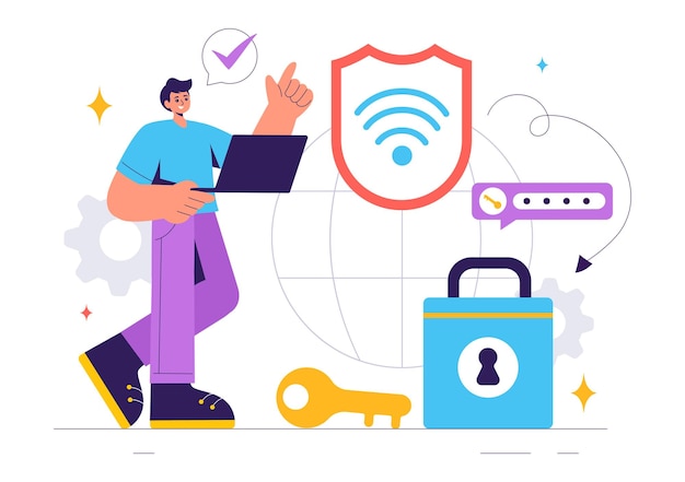 Ilustración vectorial de seguridad WiFi con dispositivos de tecnología inalámbrica para protección de red de conexión a Internet Acceso seguro y cifrado de contraseña