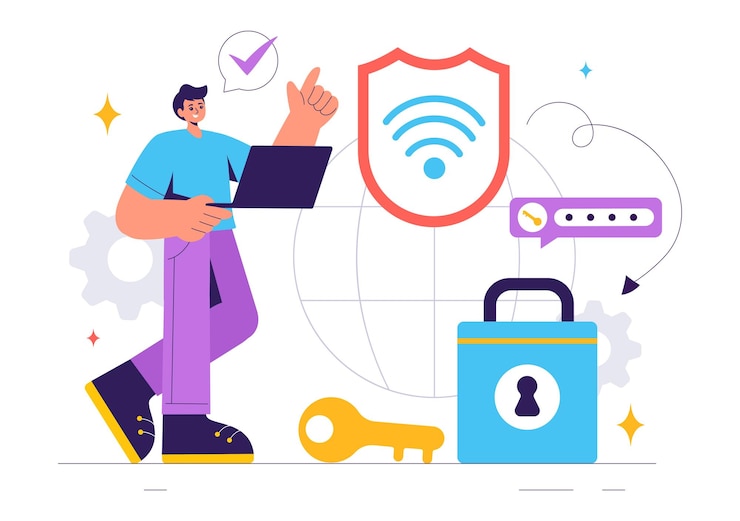 Vector ilustración vectorial de seguridad wifi con dispositivos de tecnología inalámbrica para protección de red de conexión a internet acceso seguro y cifrado de contraseña