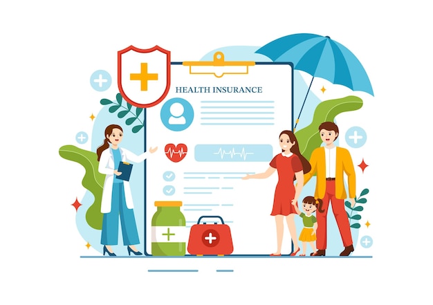 Ilustración vectorial de seguros de salud con formulario de documento médico para el Servicio de Protección de la Salud