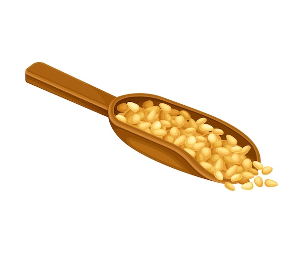 Vector ilustración vectorial de semillas secas de cereales o cultivos de granos descansados en cucharas de madera