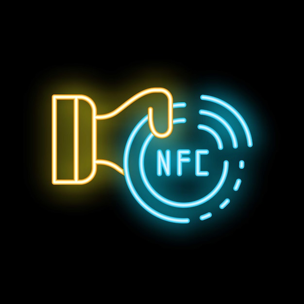 Ilustración vectorial de señales de neón nfc con teléfono inteligente en la mano