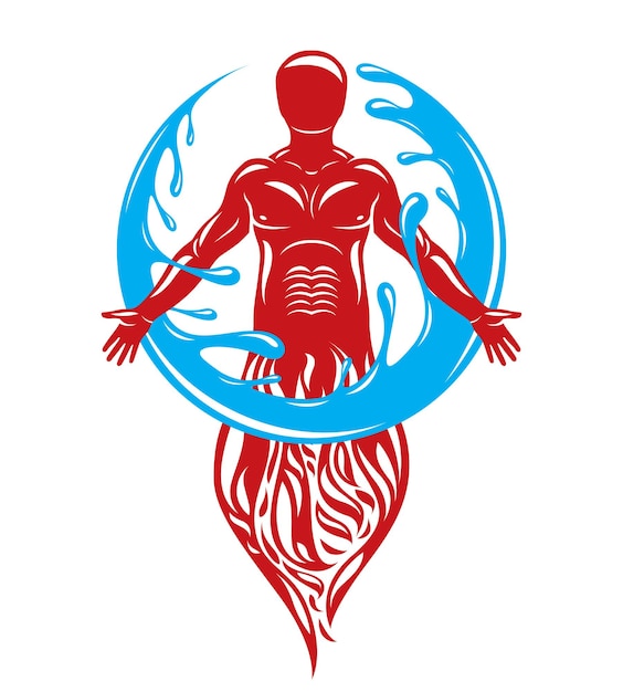 Ilustración vectorial de un ser humano de pie, dios mítico antiguo. Prometeo rodeado por una bola de agua, agua y fuego diversidad y armonía.