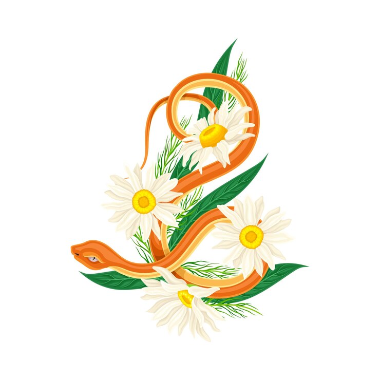 Vector ilustración vectorial de una serpiente naranja enrollada alrededor de flores de manzanilla