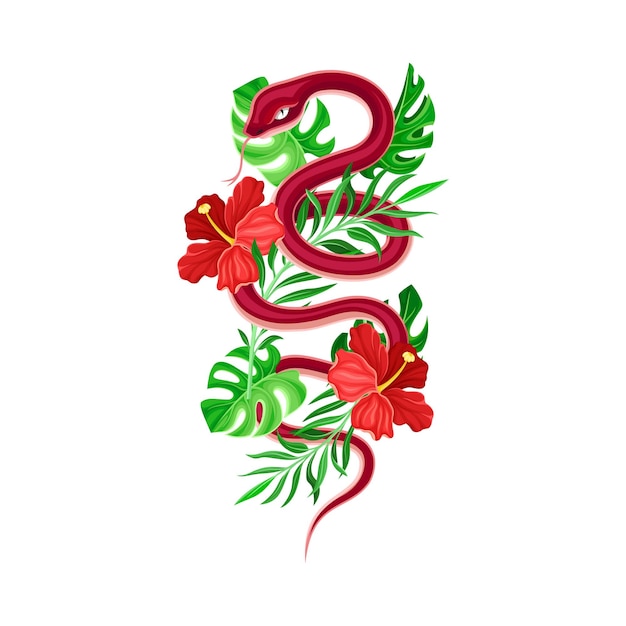 Ilustración vectorial de una serpiente roja enrollada alrededor de flores exóticas