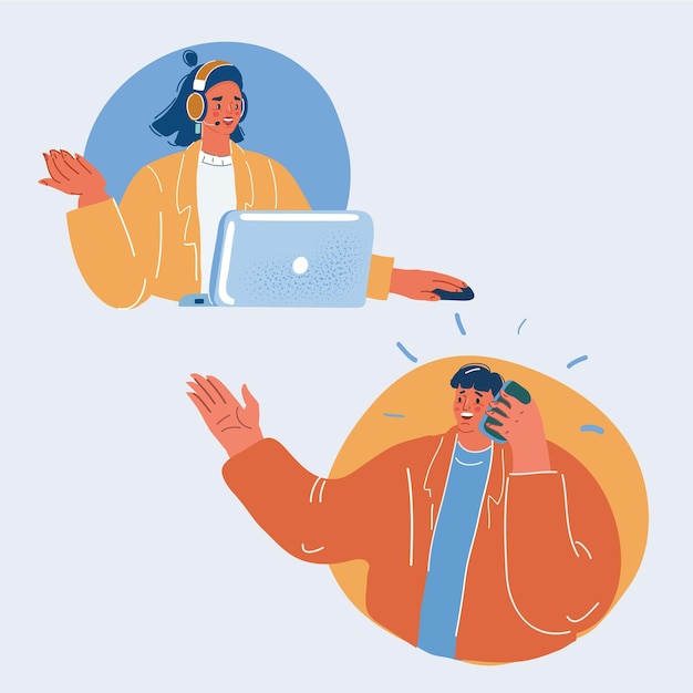 Ilustración vectorial de Servicio al cliente Mujer intenta responder la pregunta con auriculares mientras el hombre habla con ella con el concepto de soporte de teléfono inteligente