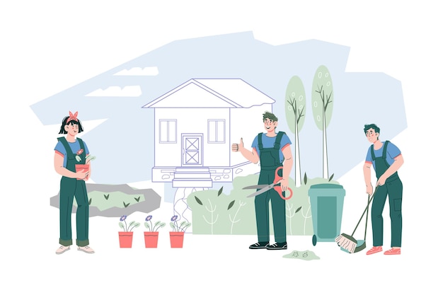 Ilustración vectorial del servicio de cuidado del césped de mantenimiento profesional del jardín