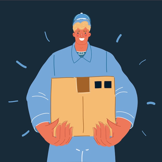 Ilustración vectorial del servicio de entrega rápida Servicio de mensajería de entrega rápida Hombre mensajero con una caja en las manos en fondo oscuro