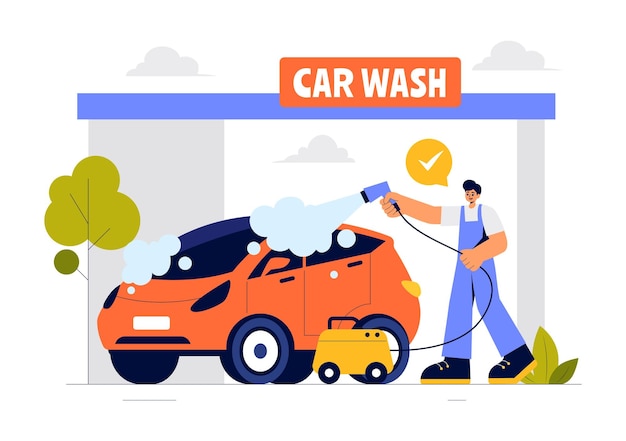 Ilustración vectorial del servicio de lavado de automóviles con trabajadores limpiando un automóvil con esponjas, jabón y agua en un fondo de dibujos animados de estilo plano