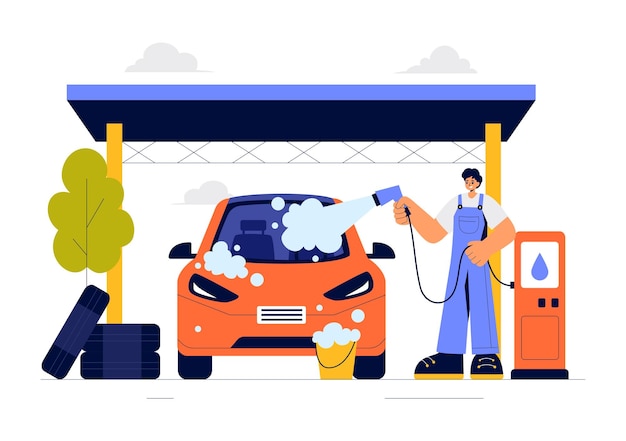 Ilustración vectorial del servicio de lavado de automóviles con trabajadores limpiando un automóvil con esponjas, jabón y agua en un fondo de dibujos animados de estilo plano
