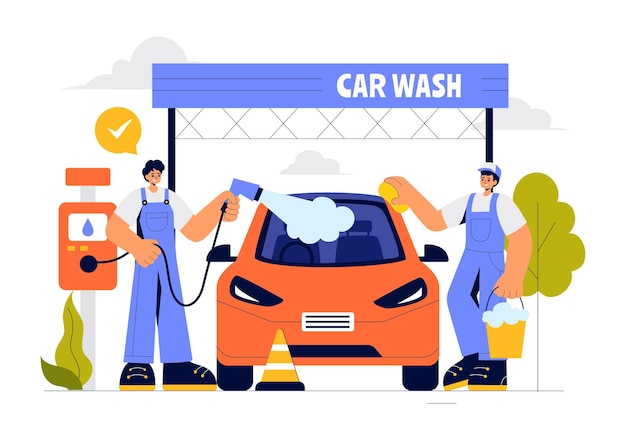 Ilustración vectorial del servicio de lavado de automóviles con trabajadores limpiando un automóvil con esponjas, jabón y agua en un fondo de dibujos animados de estilo plano