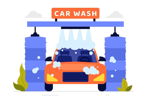 Ilustración vectorial del servicio de lavado de automóviles con trabajadores limpiando un automóvil con esponjas, jabón y agua en un fondo de dibujos animados de estilo plano