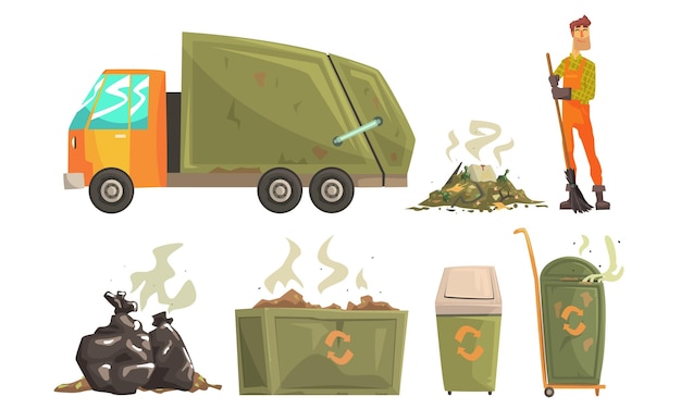 Vector ilustración vectorial del servicio de limpieza de calles que recoge basura y residuos