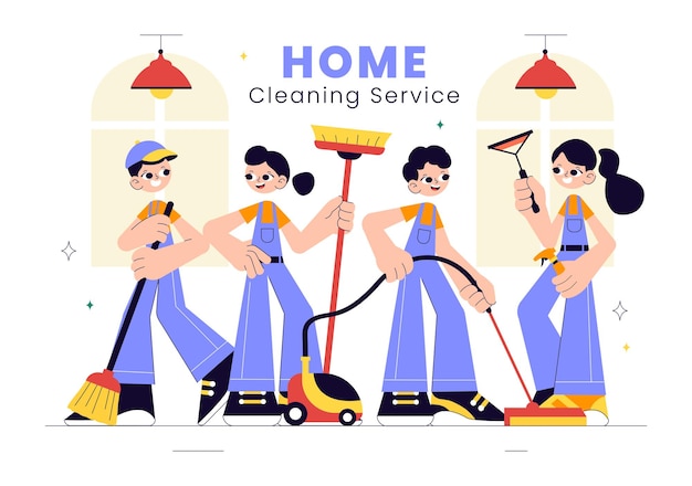 Ilustración vectorial del servicio de limpieza del hogar con limpiadores de la casa barbeando, limpiando, limpando vidrios y más en un fondo de estilo plano