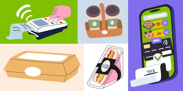 Ilustración vectorial del servicio en línea de entrega de alimentos Aplicación móvil para el pedido en línea de productos