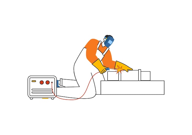 Ilustración vectorial del servicio de soldadura con trabajo de soldador profesional soldadura de estructuras metálicas tuberías y construcción de acero en fondo plano de dibujos animados