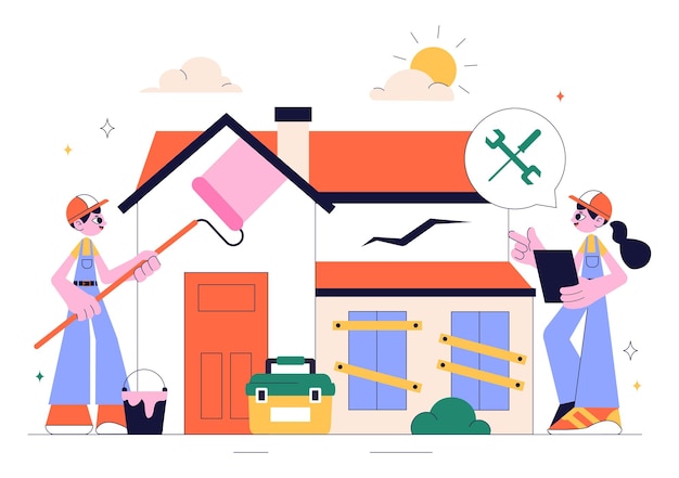 Ilustración vectorial de servicios de renovación o reparación de viviendas con un equipo de limpiadores y trabajadores de reparación que construyen, pintan y mantienen una casa