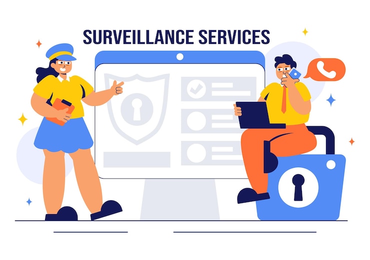 Vector ilustración vectorial de servicios de vigilancia con varias tecnologías utilizadas para monitorear y supervisar las actividades en un área específica en un fondo