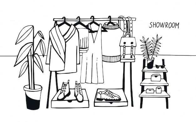 Ilustración vectorial showroom. perchero con ropa, bolsos, cajas y zapatos, moda, estilo moderno.