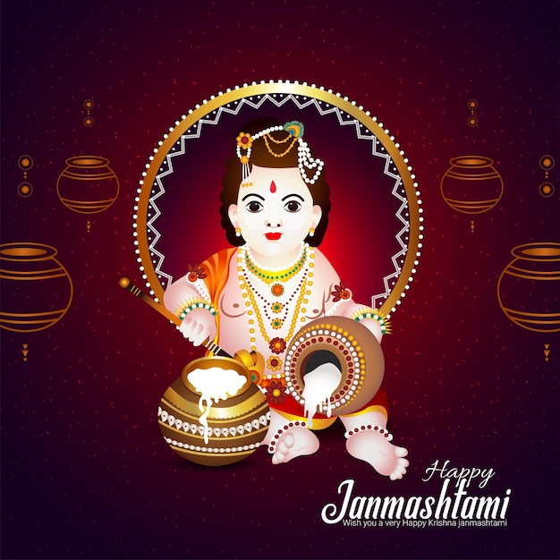 Ilustración vectorial de shree krishan con dahi handi para happy janmashtami