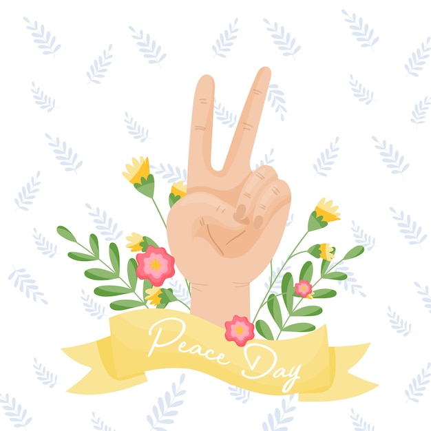 Ilustración vectorial del signo internacional de la paz con el gesto de la mano El concepto de la tarjeta ilustrada vectorial de las vacaciones de paz con elementos florales decorados