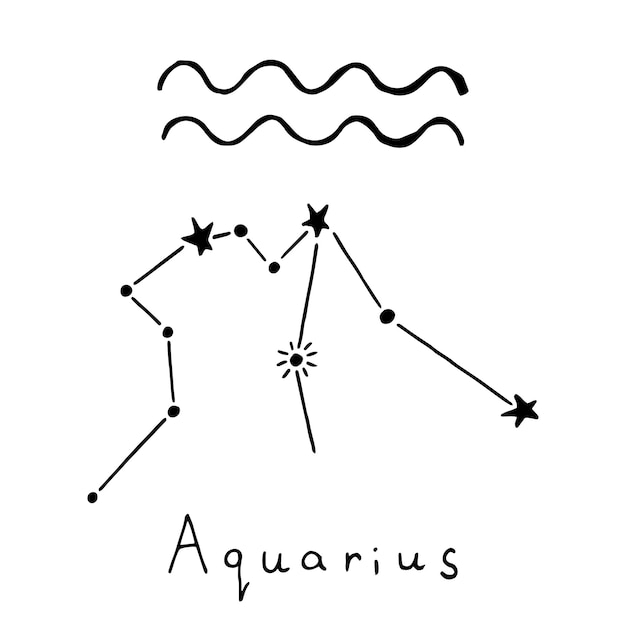 Ilustración vectorial del signo zodiacal de acuario en estilo garabato elemento dibujado a mano para el diseño en astronomía astrología horóscopo adivinación esoterismo