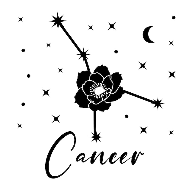 Ilustración vectorial del signo del zodiaco cáncer con flor media luna y estrellas